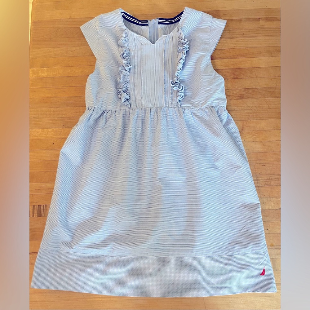 Nautica Pinstriped Cap Sleeve Dress with Smocking & Ruffles